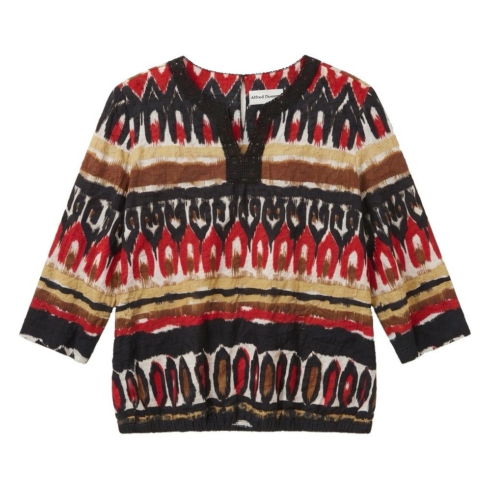 Alfred Dunner Womens Size 18 Red Black Ikat Print Cotton Blouse Top Crochet Neck